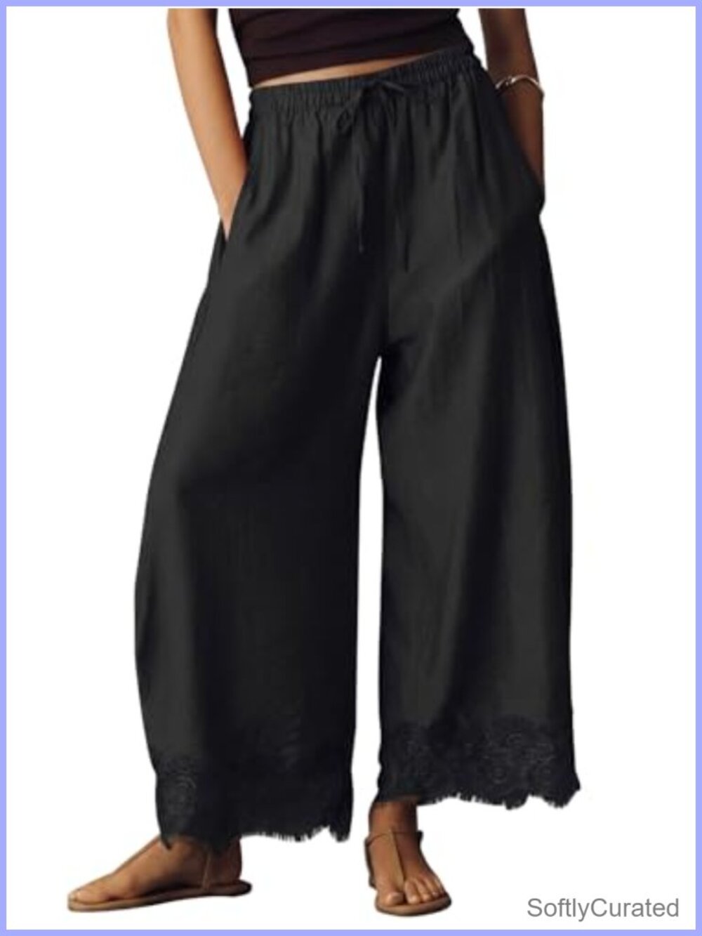 Cotton Lace Trim Wide Leg Cropped Palazzo Pants Drawstring Trousers